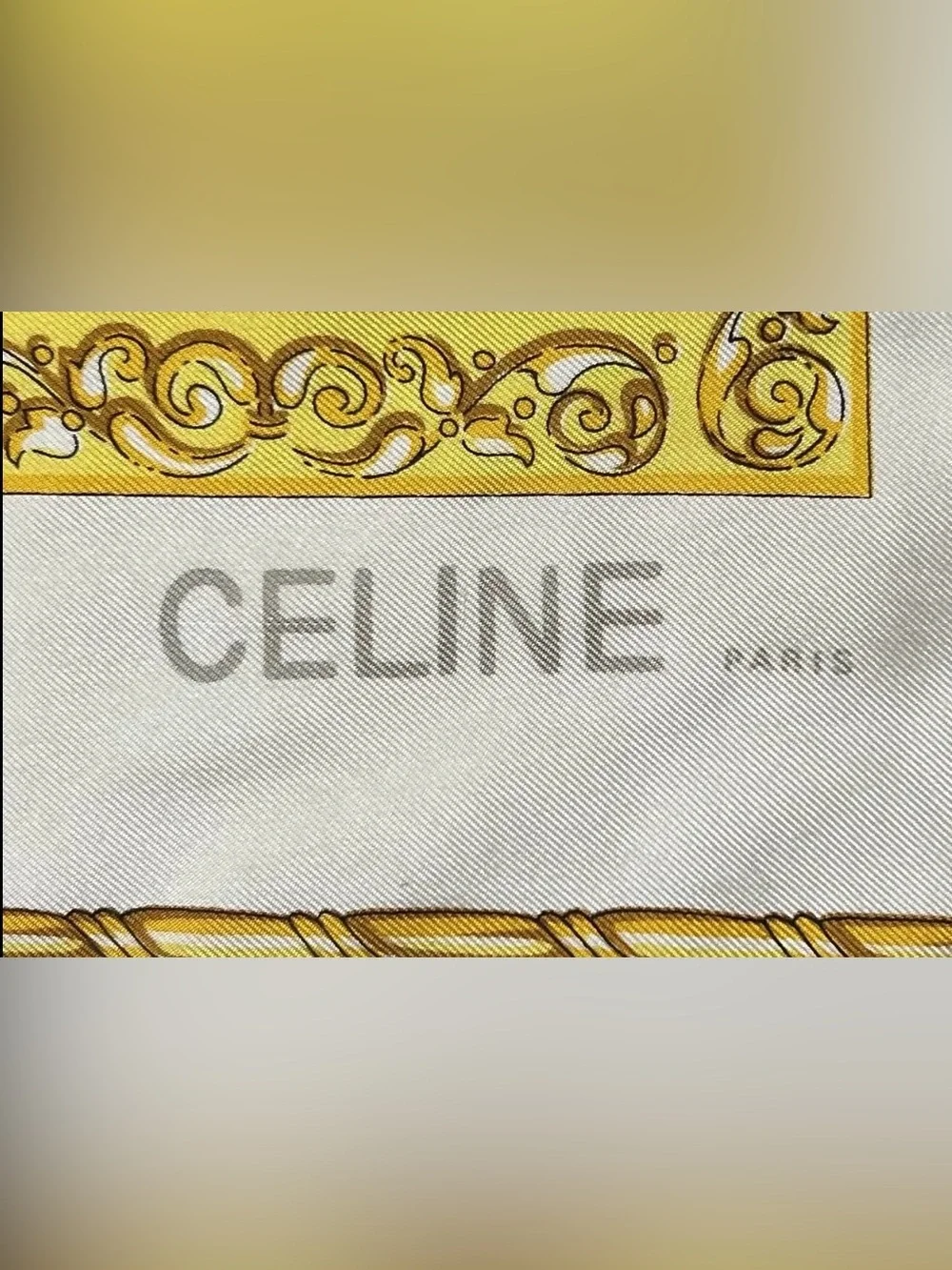 Vintage Celine Paris Silk Scarf Tassel Print Gray Gold Orange Black 34” France